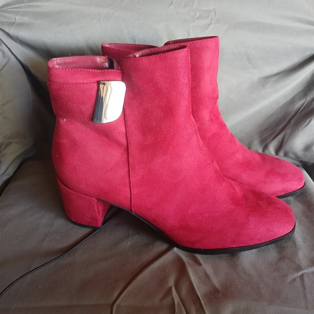 East 5th Red Suede Ankle Boots with Silver Accent